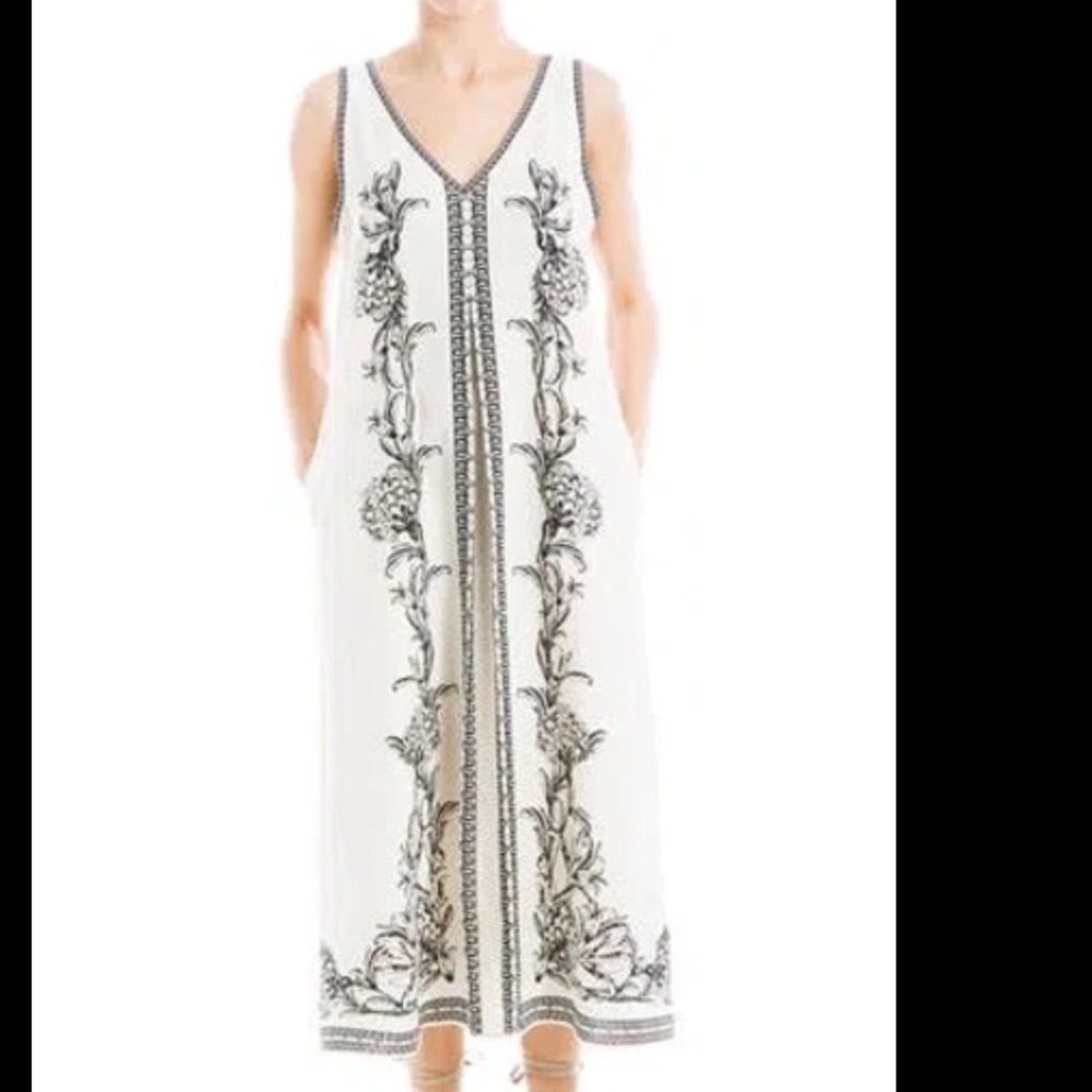 Max Studio London Linen Blend V Neck‎ Embroidered Midi Dress Ivory Black XS